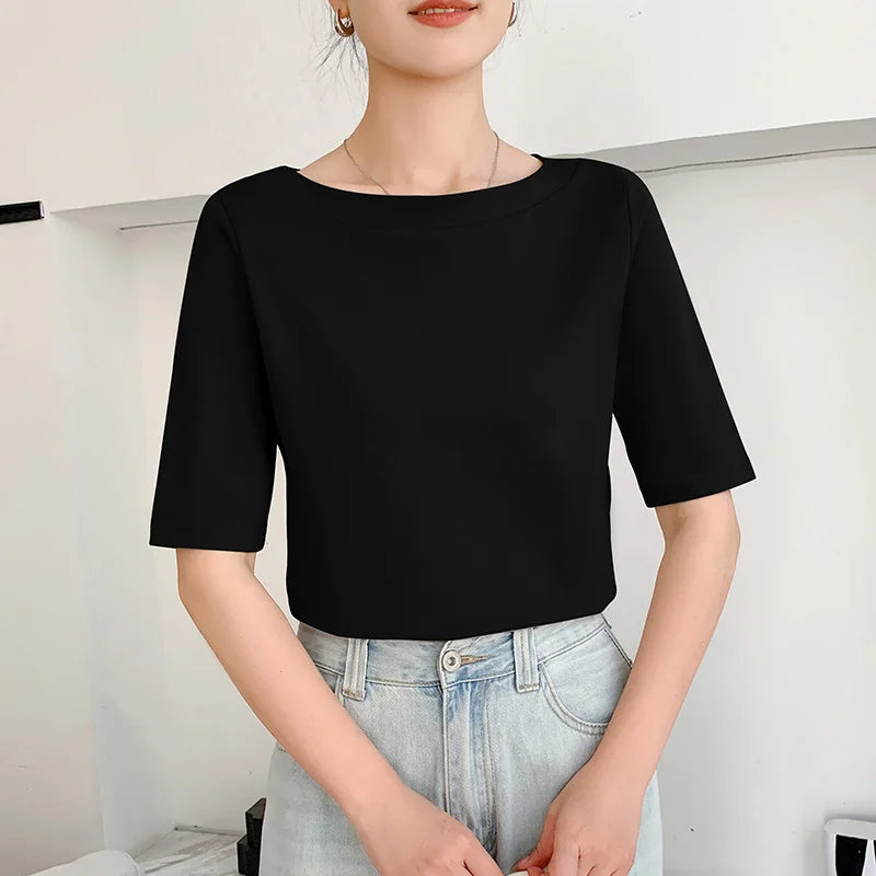 Summer New 100% Cotton Word-Neck T-shirt Women's Short-Sleeved Fashion Bottoming With Solid Color Slimming Top