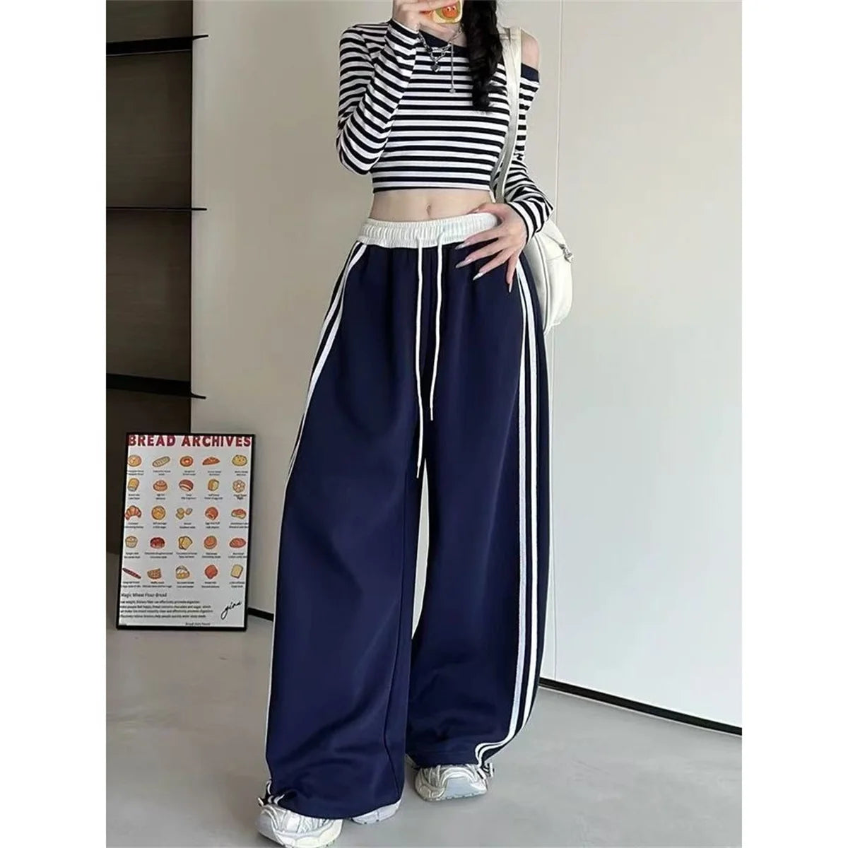 Women Fashion Stripe Drawstring Pants High Waist Color Blocking Wide Leg Trouser Female Baggy Joggers Street Pant Casual Hip Hop