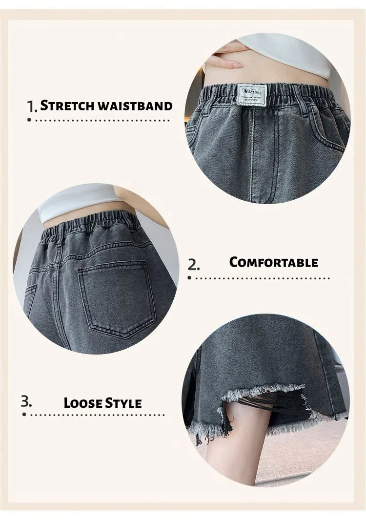 Plus-Size Frayed-Edge Denim Shorts for Women Lightweight Breathable, Summer Style, A-Line, Wide-Leg, Loose Fit, High-Waisted Sim