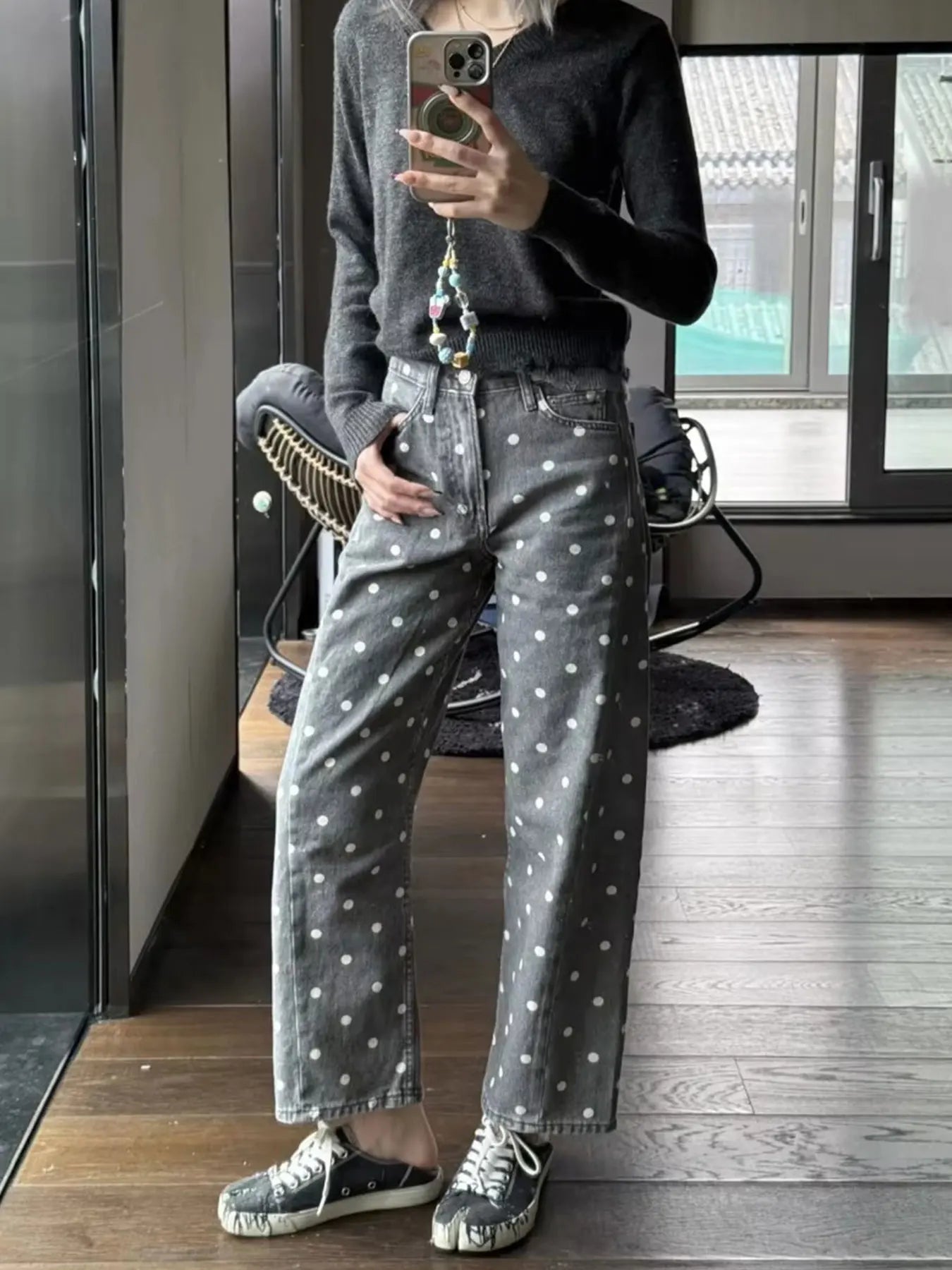 HH Women Fashion Polka Dot Grey Jeans High Waist Straight Denim Pants Spring Autumn Woman Casual Street Commuter Chic Trousers