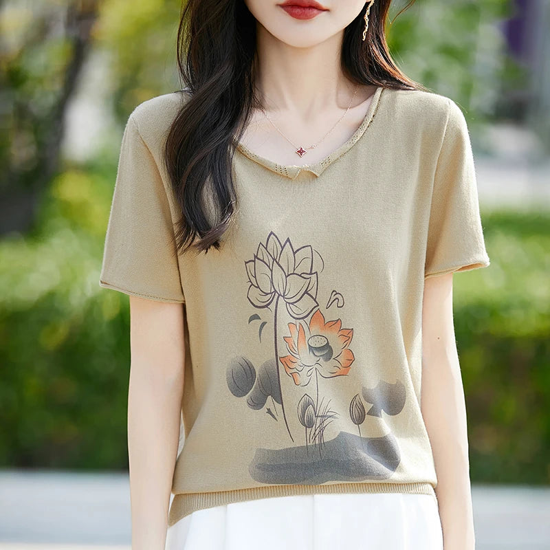 Summer New 100% Cotton Knitted Short-Sleeved Women's Round Neck Color Matching Printed T-Shirt Loose Plus Size Half Sleeve Top