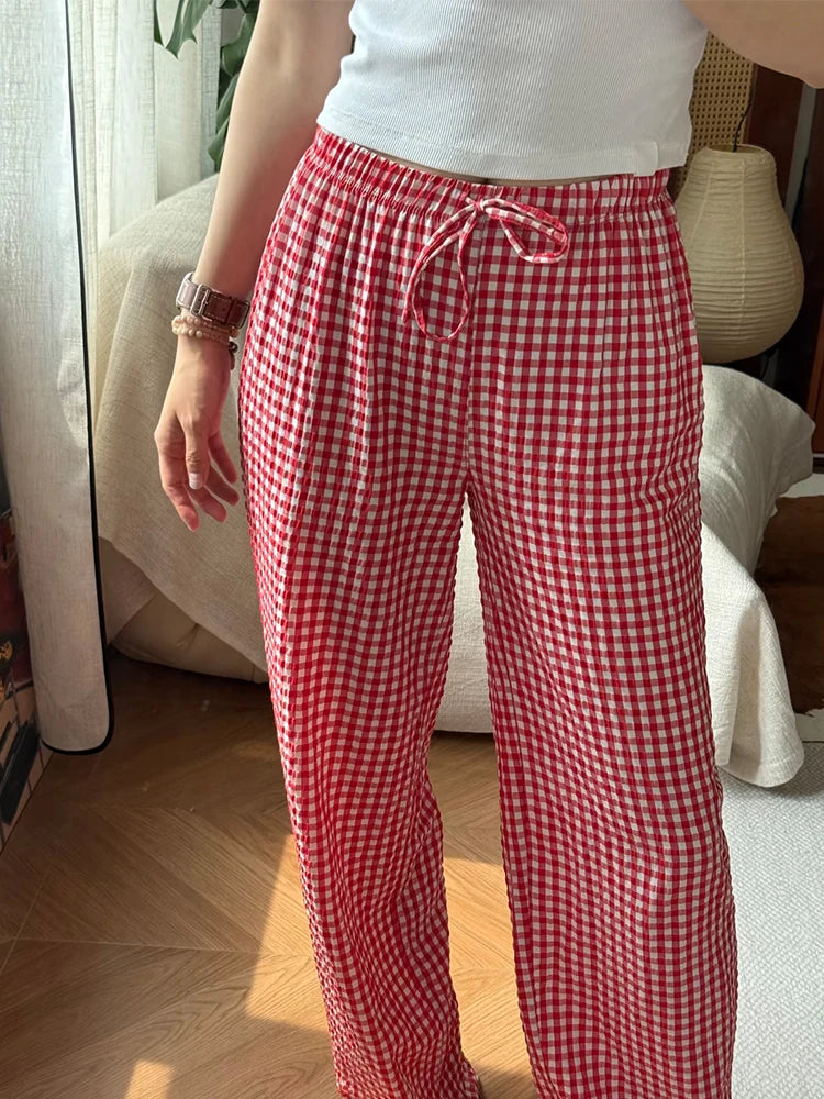 2026 Womens Wine Red Gingham Plaid Lantern Pants Elastic Drawstring Waist Loose Casual Joggers Soft Home Sleep Lounge Trousers