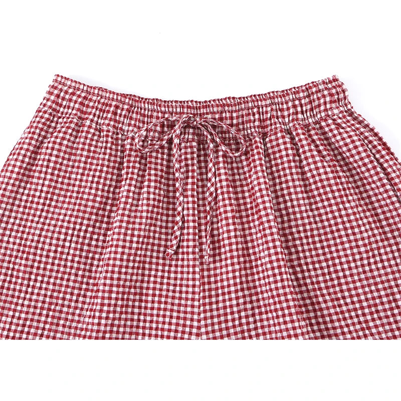 2026 Womens Wine Red Gingham Plaid Lantern Pants Elastic Drawstring Waist Loose Casual Joggers Soft Home Sleep Lounge Trousers
