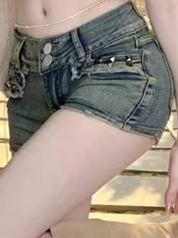 Women Korean Retro Y2k Shorts Pants Lady Vintage High Street Hot Pants Female Blue Low Waist Elastic Wrapped Hip Short Jeans