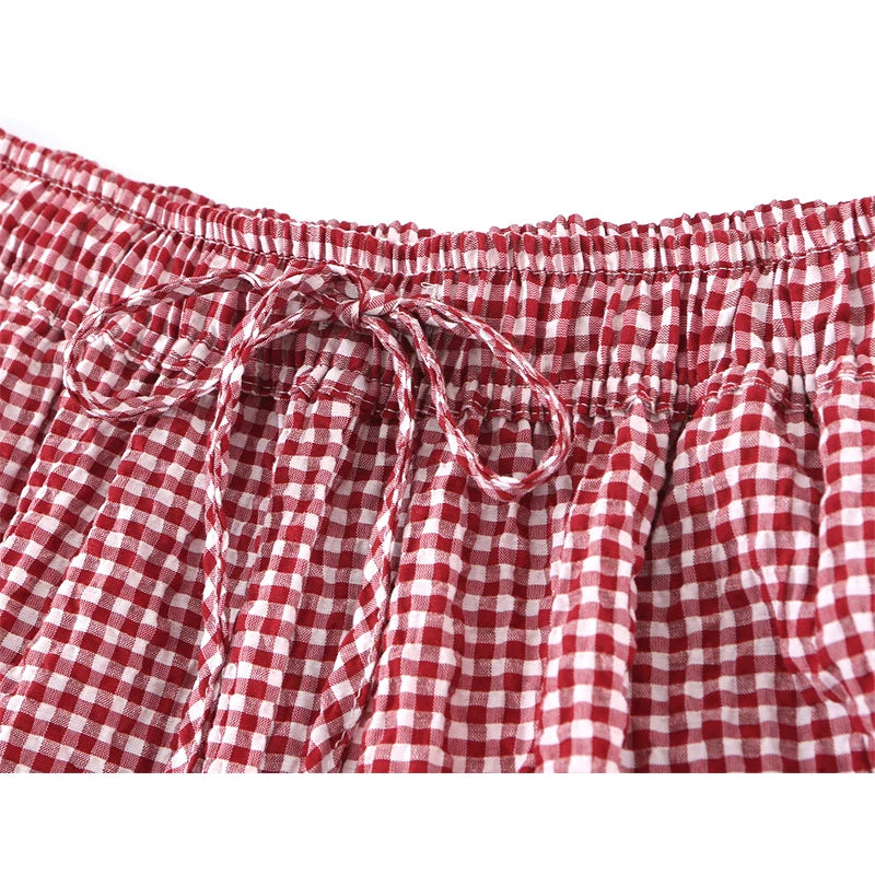 2026 Womens Wine Red Gingham Plaid Lantern Pants Elastic Drawstring Waist Loose Casual Joggers Soft Home Sleep Lounge Trousers
