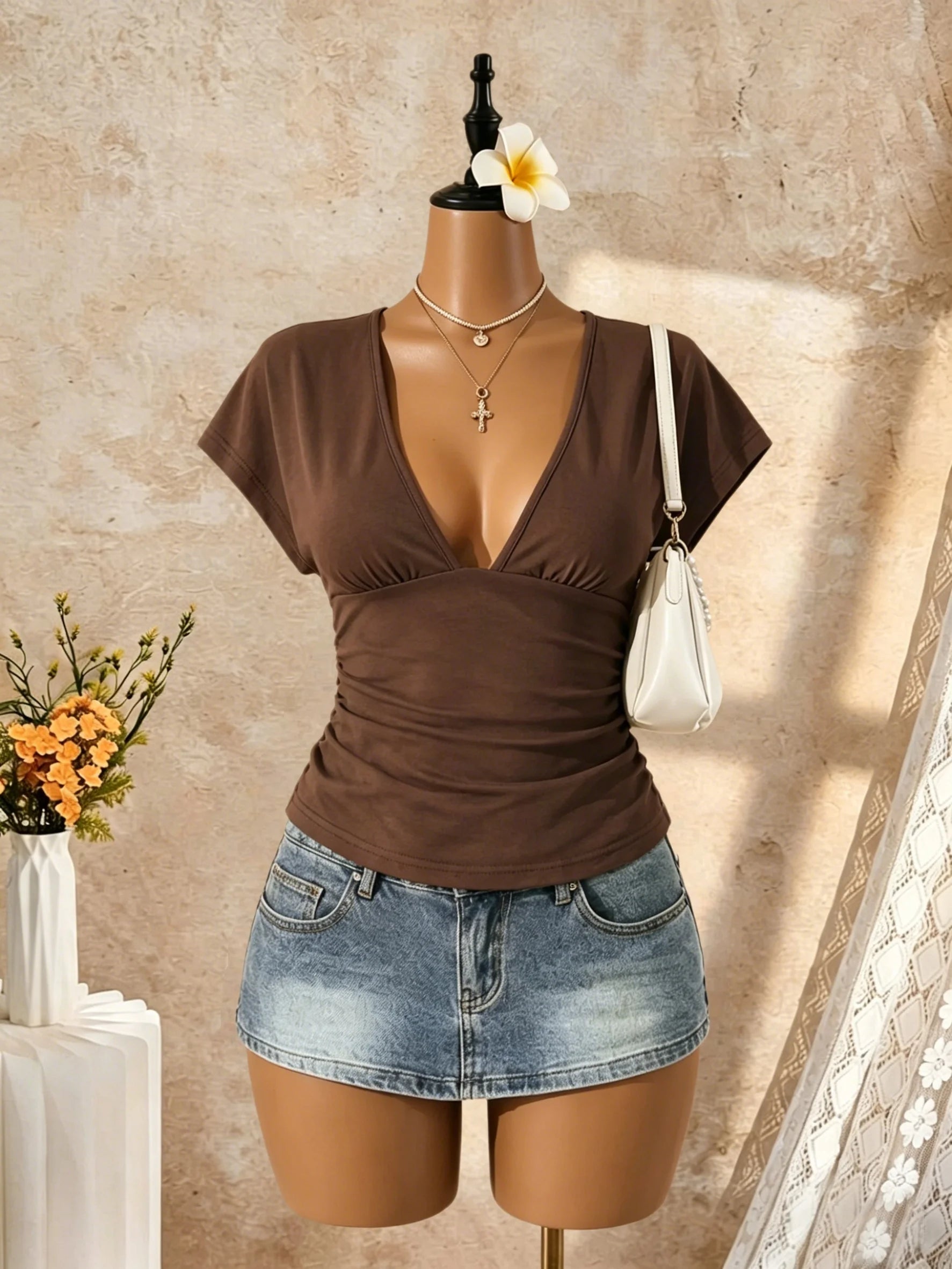 Women Deep V Neck Dolman Short Sleeve Side Ruched Slim Fit Cropped T Shirt 2026 Summer Y2K Solid White Casual Vacation Streetwea