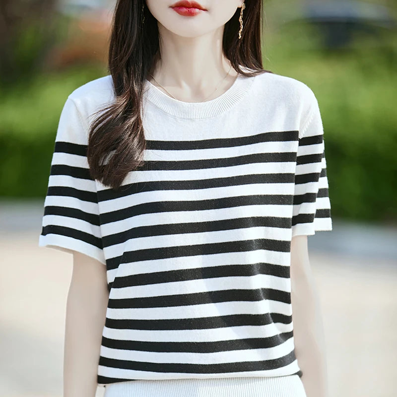 Summer New 100% Cotton Knitted Short-Sleeved Women's Round Neck Color Matching Printed T-Shirt Loose Plus Size Half Sleeve Top