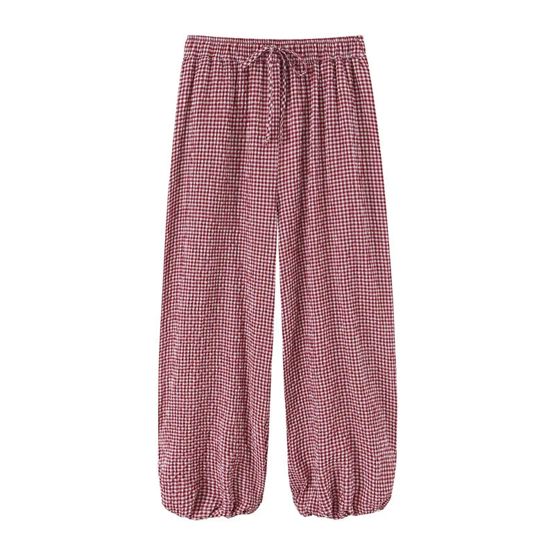 2026 Womens Wine Red Gingham Plaid Lantern Pants Elastic Drawstring Waist Loose Casual Joggers Soft Home Sleep Lounge Trousers