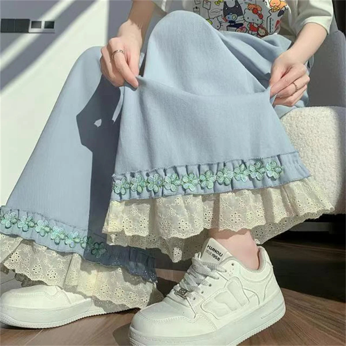 Korean New Fashion Summer Women Trousers Layered Lace Patchwork Elastic Waist Loose Soft Ruffle Ankle-Length Pants Cute
