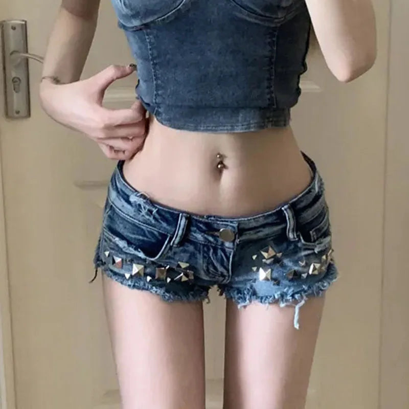Aoaiiys Short Jeans Woman Denim Shorts American Retro Y2K Rivet Decorate Skinny Short Jeans Korean Low-Waisted Streetwear Shorts
