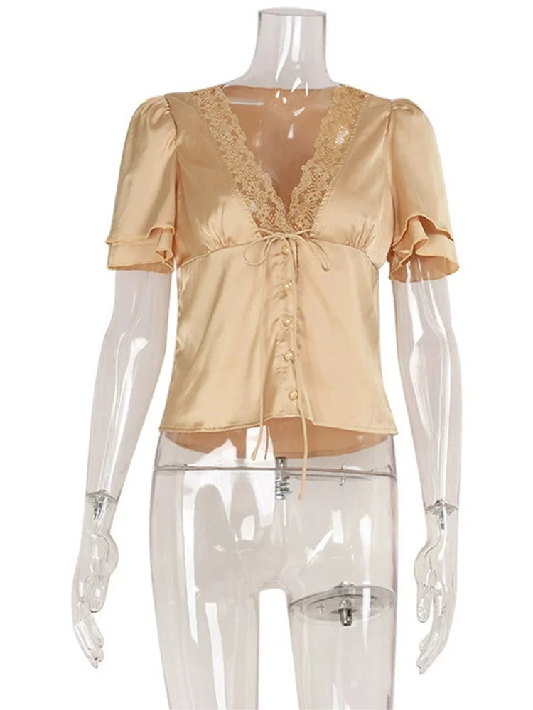 Tossy Lace Summer V-Neck T-shirt Top For Women Lace-Up Hollow Out Short Sleeve Printed Cropped Top Pullover Female Bandage Tee