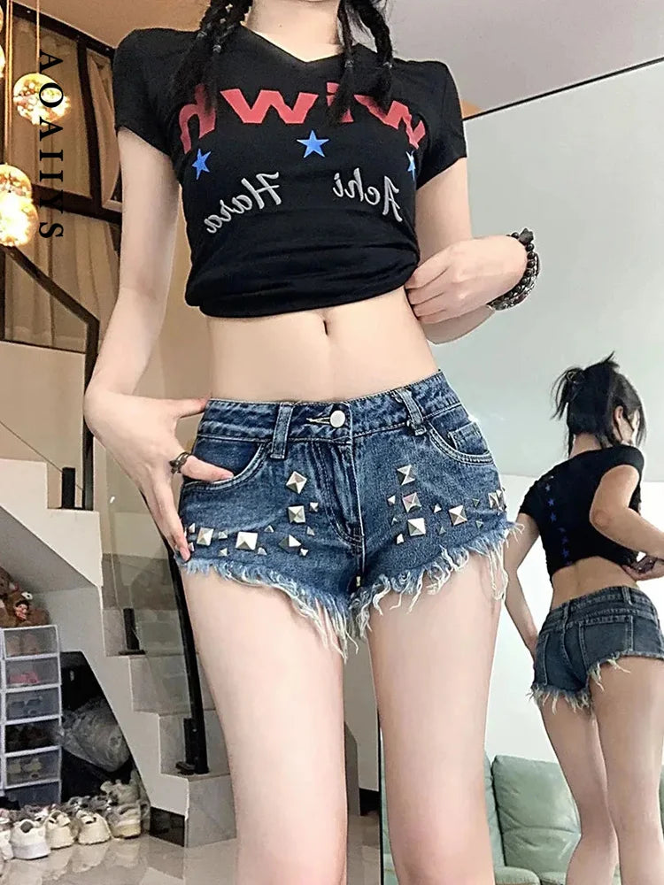 Aoaiiys Short Jeans Woman Denim Shorts American Retro Y2K Rivet Decorate Skinny Short Jeans Korean Low-Waisted Streetwear Shorts