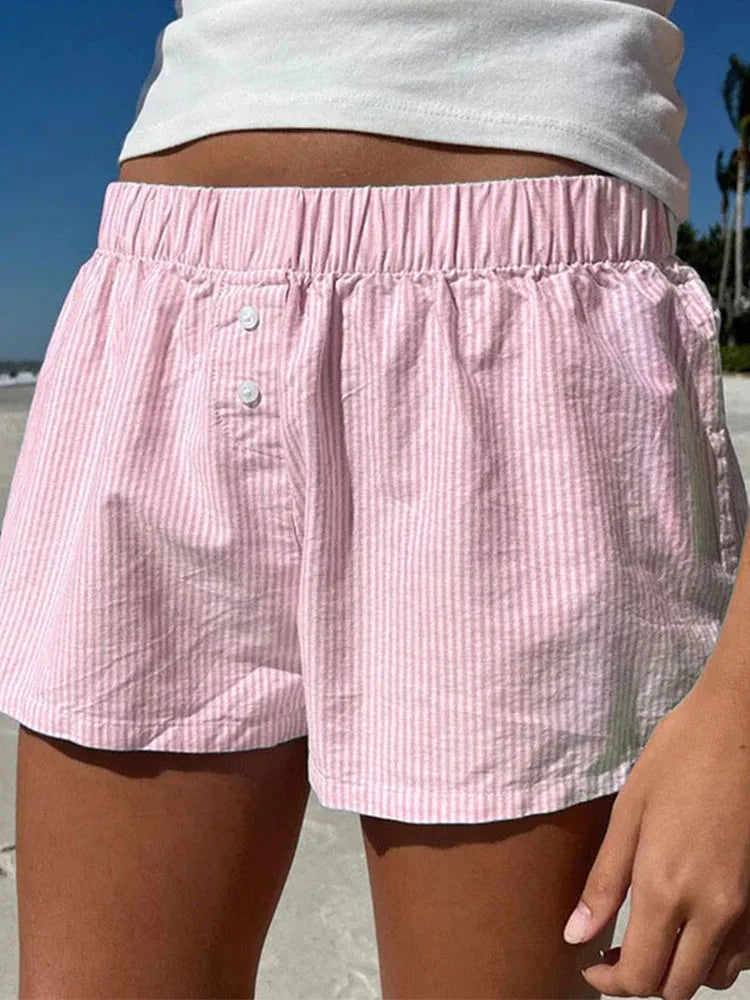 Striped Print Casual Shorts for Women Elastic Waist Fashion But...