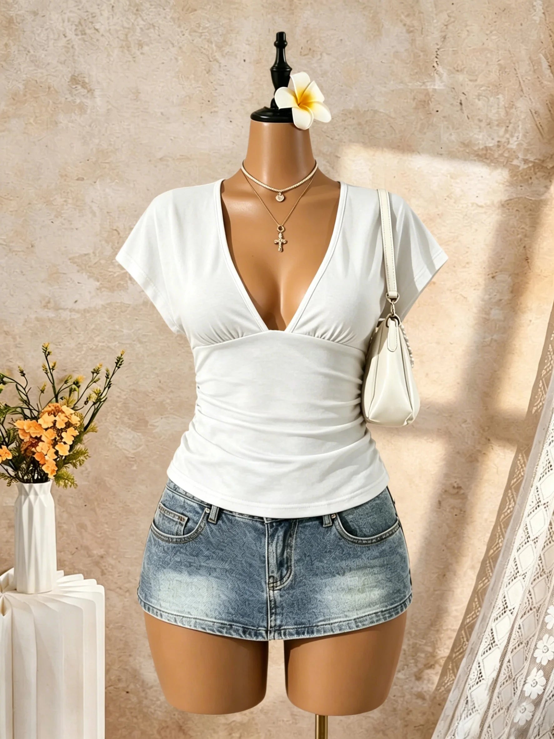 Women Deep V Neck Dolman Short Sleeve Side Ruched Slim Fit Cropped T Shirt 2026 Summer Y2K Solid White Casual Vacation Streetwea