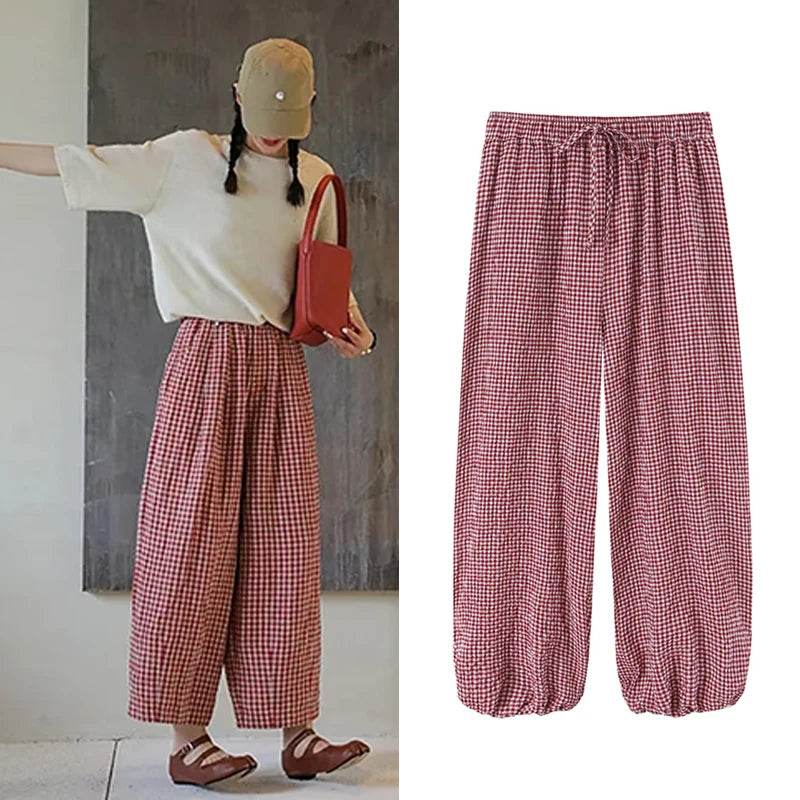 2026 Womens Wine Red Gingham Plaid Lantern Pants Elastic Drawstring Waist Loose Casual Joggers Soft Home Sleep Lounge Trousers