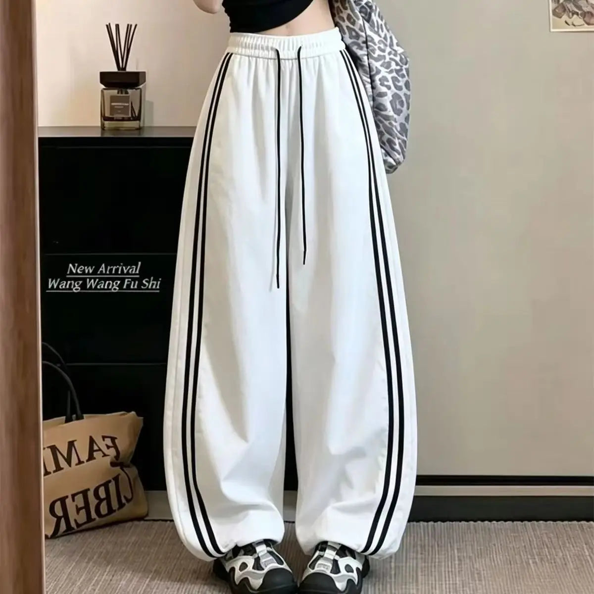 Women Fashion Stripe Drawstring Pants High Waist Color Blocking Wide Leg Trouser Female Baggy Joggers Street Pant Casual Hip Hop