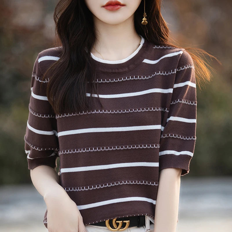 Summer New 100% Cotton Knitted Short-Sleeved Women's Round Neck Color Matching Printed T-Shirt Loose Plus Size Half Sleeve Top