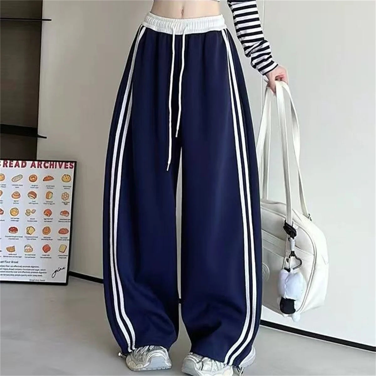 Women Fashion Stripe Drawstring Pants High Waist Color Blocking...