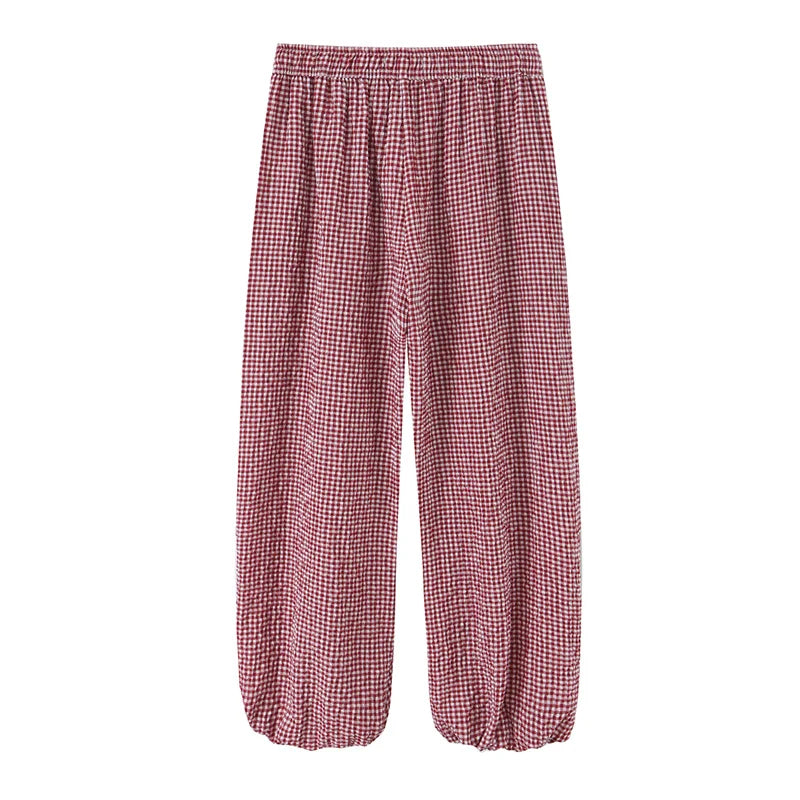 2026 Womens Wine Red Gingham Plaid Lantern Pants Elastic Drawstring Waist Loose Casual Joggers Soft Home Sleep Lounge Trousers